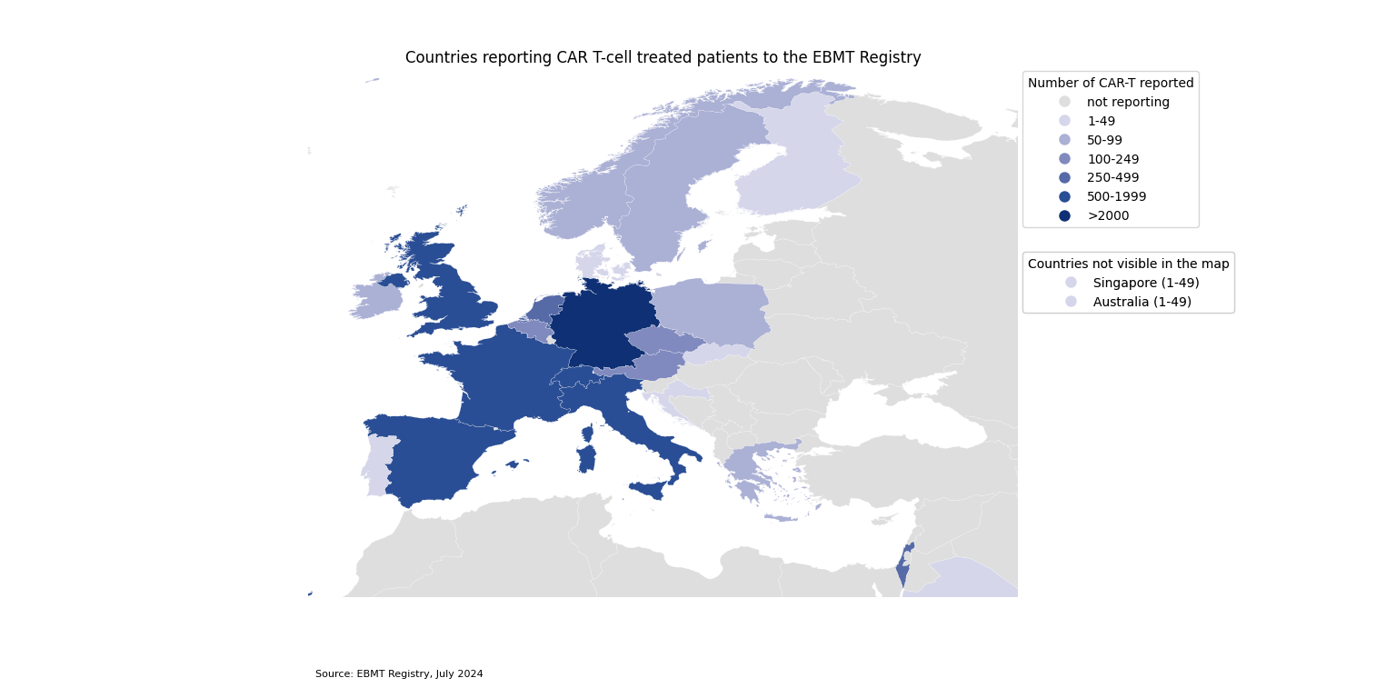 2024.07 Countries reporting CAR T-cell treated patients to the EBMT Registry